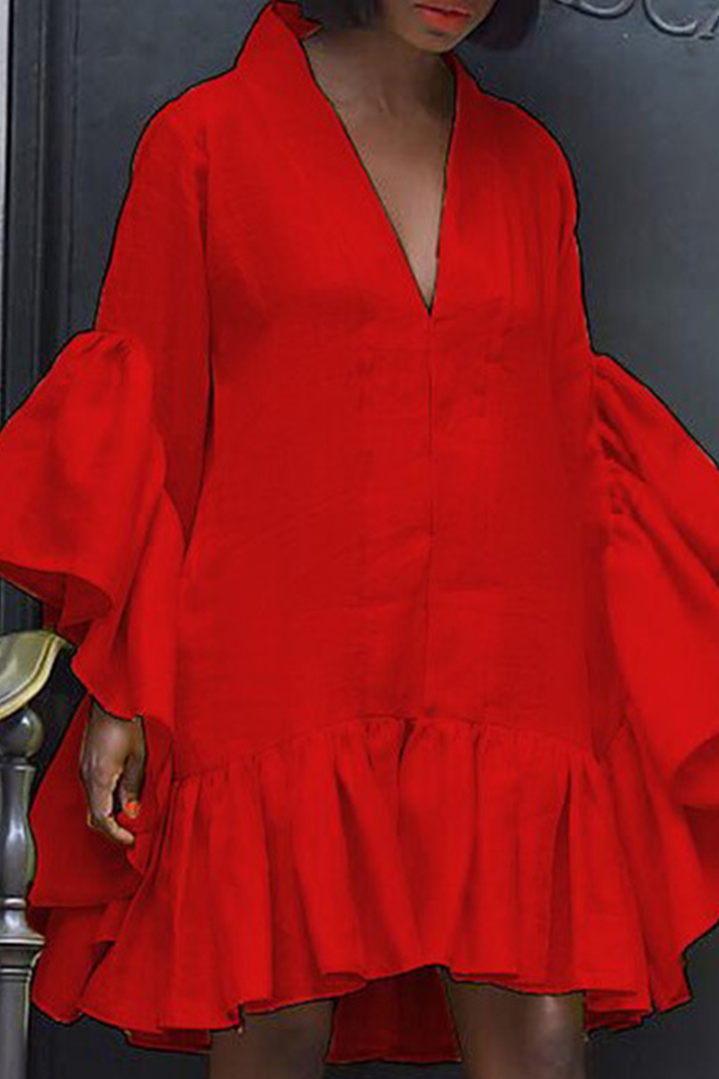 Red Casual Solid Patchwork V Neck Cake Skirt Dresses