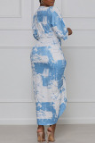 Light Blue Elegant Print Tie Dye Patchwork Fold Asymmetrical V Neck Straight Dresses