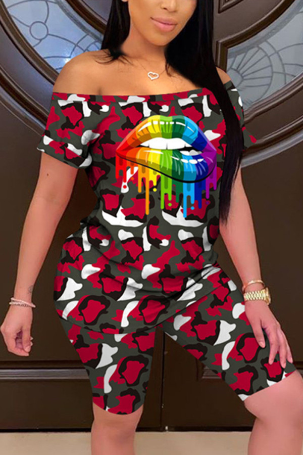 Red Casual Rainbow Lips Printed Shorts Sports Two Piece Set