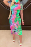 Green Fashion Sexy Tie-dye Printed Fitted Dress