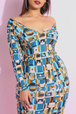 Baby Blue Trendy Printed Knee Length Dress