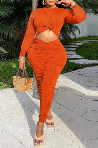 Orange Fashion Casual Solid Hollowed Out Fold O Neck Long Sleeve Dresses