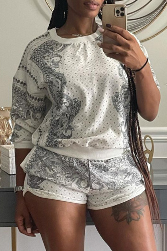 White Fashion Casual Print Basic O Neck Long Sleeve Two Pieces