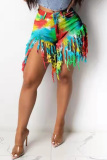 Deep Blue Fashion Casual Print Tie Dye Tassel Mid Waist Regular Denim Shorts