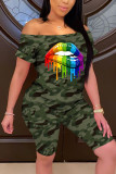 Green Casual Rainbow Lips Printed Shorts Sports Two Piece Set