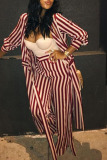Stripe Casual Striped Print Patchwork With Belt Turndown Collar Long Sleeve Two Pieces
