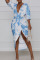 Light Blue Elegant Print Tie Dye Split Joint Fold Asymmetrical V Neck Straight Dresses