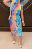 Blue Fashion Sexy Tie-dye Printed Fitted Dress