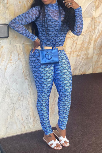 Blue Sexy Print Patchwork Half A Turtleneck Long Sleeve Two Pieces