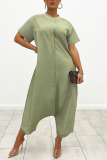 Light Green Casual Solid Patchwork Buckle O Neck Loose Jumpsuits