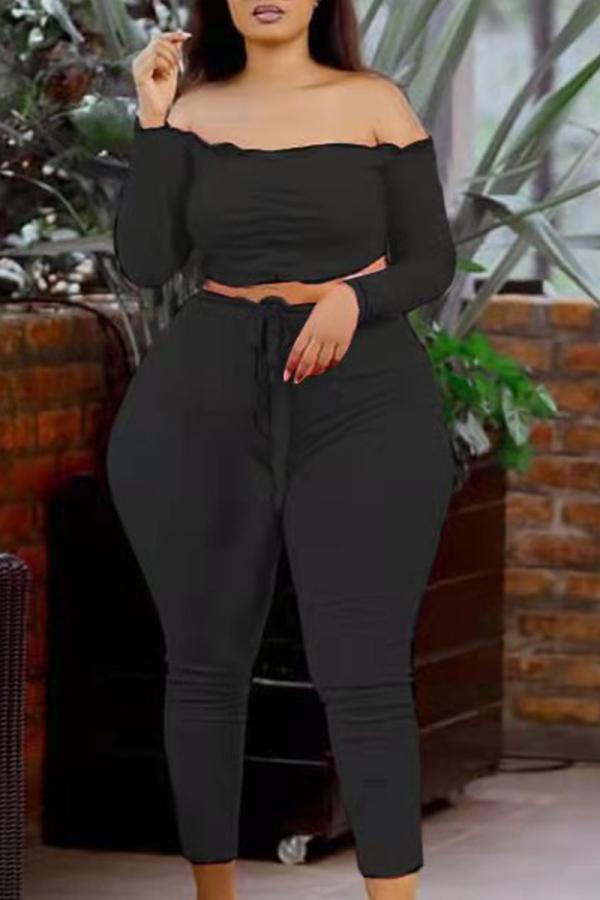 Black Sexy Solid Patchwork Off the Shoulder Plus Size Two Pieces