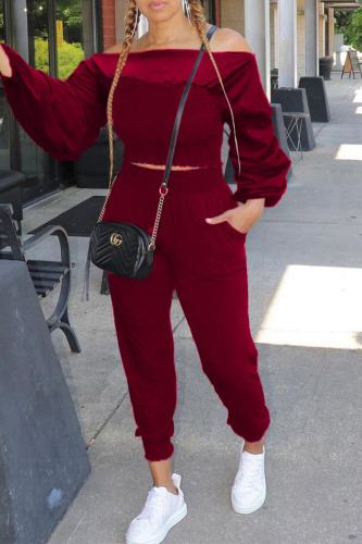 Burgundy Casual Solid Patchwork Off the Shoulder Long Sleeve Two Pieces