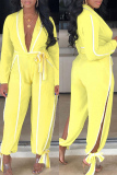 Yellow Fashion Patchwork Solid Bandage Hollowed Out With Belt V Neck Regular Jumpsuits