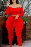 Red Sexy Solid Patchwork Off the Shoulder Plus Size Two Pieces
