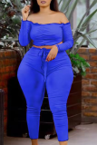 Blue Sexy Solid Patchwork Off the Shoulder Plus Size Two Pieces