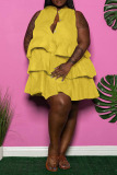 Yellow Casual Solid Flounce V Neck Cake Skirt Plus Size Dresses