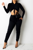 Black Sexy Solid Patchwork Draw String Fold O Neck Long Sleeve Two Pieces