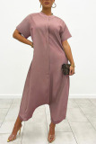 Pale Red Casual Solid Patchwork Buckle O Neck Loose Jumpsuits