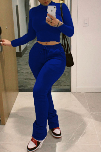 Deep Blue Casual Solid Patchwork Half A Turtleneck Long Sleeve Two Pieces