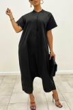 Black Casual Solid Patchwork Buckle O Neck Loose Jumpsuits