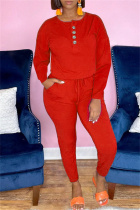Red Fashion Casual Solid Split Joint U Neck Regular Jumpsuits
