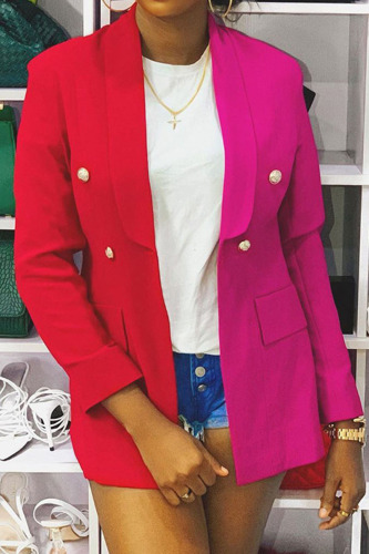 Red Casual Color Block Buckle Turn-back Collar Outerwear