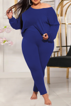Blue Casual Solid Split Joint O Neck Plus Size Two Pieces