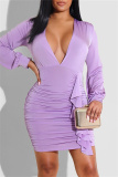 Light Purple Fashion Sexy Solid Patchwork V Neck Long Sleeve Dresses