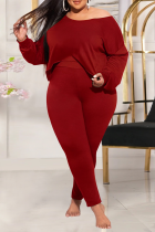 Red Casual Solid Split Joint O Neck Plus Size Two Pieces