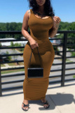 Brown Sexy Casual Solid Basic U Neck Vest Dress Dresses