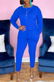 Blue Fashion Casual Solid Patchwork U Neck Regular Jumpsuits