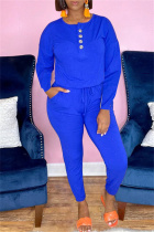 Blue Fashion Casual Solid Split Joint U Neck Regular Jumpsuits