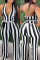 Black White Sexy Casual Striped Print Backless Halter Regular Jumpsuits