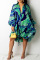 Blue Sexy Print Draw String Asymmetrical Turndown Collar A Line Dresses