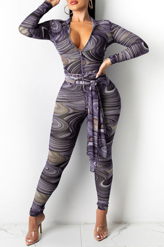 Grey Fashion Sexy Print See-through Zipper Collar Regular Jumpsuits