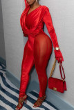 Red Fashion Sexy Solid Split Joint V Neck Skinny Jumpsuits (Without Gloves)