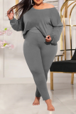 Grey Casual Solid Patchwork O Neck Plus Size Two Pieces