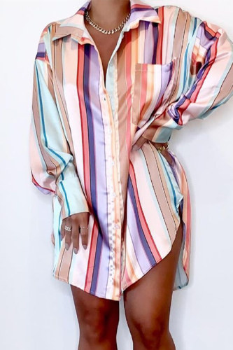 Multicolor Fashion Casual Striped Print Basic Turndown Collar Shirt Dress Dresses