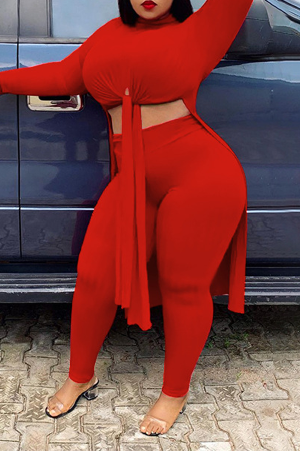 Red Sexy Solid High Opening Half A Turtleneck Plus Size Two Pieces