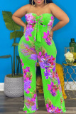 Blue Sexy Print Hollowed Out Asymmetrical Strapless Plus Size Jumpsuits