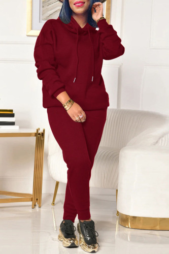Burgundy Casual Solid Patchwork Hooded Collar Long Sleeve Two Pieces