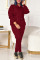 Burgundy Casual Solid Split Joint Hooded Collar Long Sleeve Two Pieces