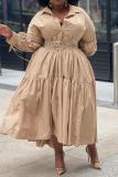 Khaki Casual Solid Patchwork Turndown Collar Cake Skirt Plus Size Dresses (Without Belt)