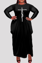 Black Fashion Casual Plus Size Print Asymmetrical O Neck Long Sleeve Dresses