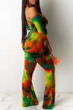 Multi-color Sexy Print Tie Dye Hollowed Out Split Joint Off the Shoulder Straight Jumpsuits