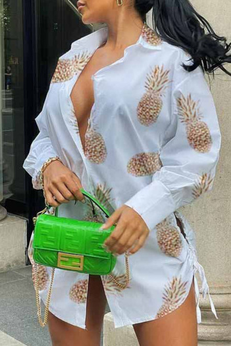 Light Brown Fashion Casual Print Bandage Hollowed Out Turndown Collar Long Sleeve Dresses
