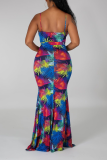 Blue Sexy Print Hollowed Out Spaghetti Strap Trumpet Mermaid Dresses