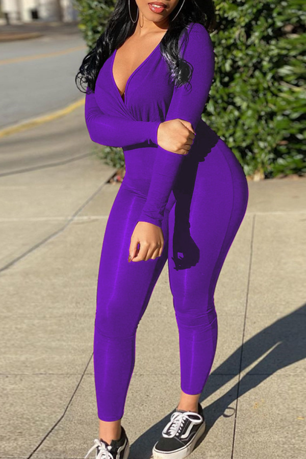 Purple Sexy Solid Patchwork V Neck Skinny Jumpsuits