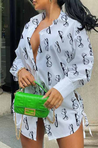 Black Fashion Casual Print Bandage Hollowed Out Turndown Collar Long Sleeve Dresses