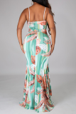 Light Green Sexy Print Hollowed Out Spaghetti Strap Trumpet Mermaid Dresses